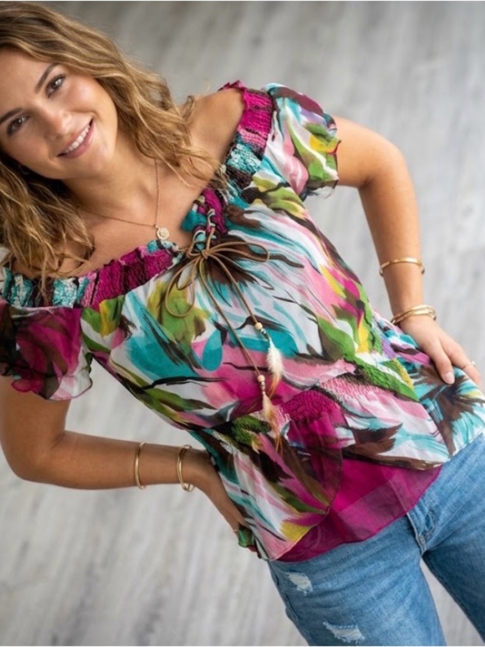 DO+BE Floral Off-Shoulder Tunic - Pink, Teal, Green